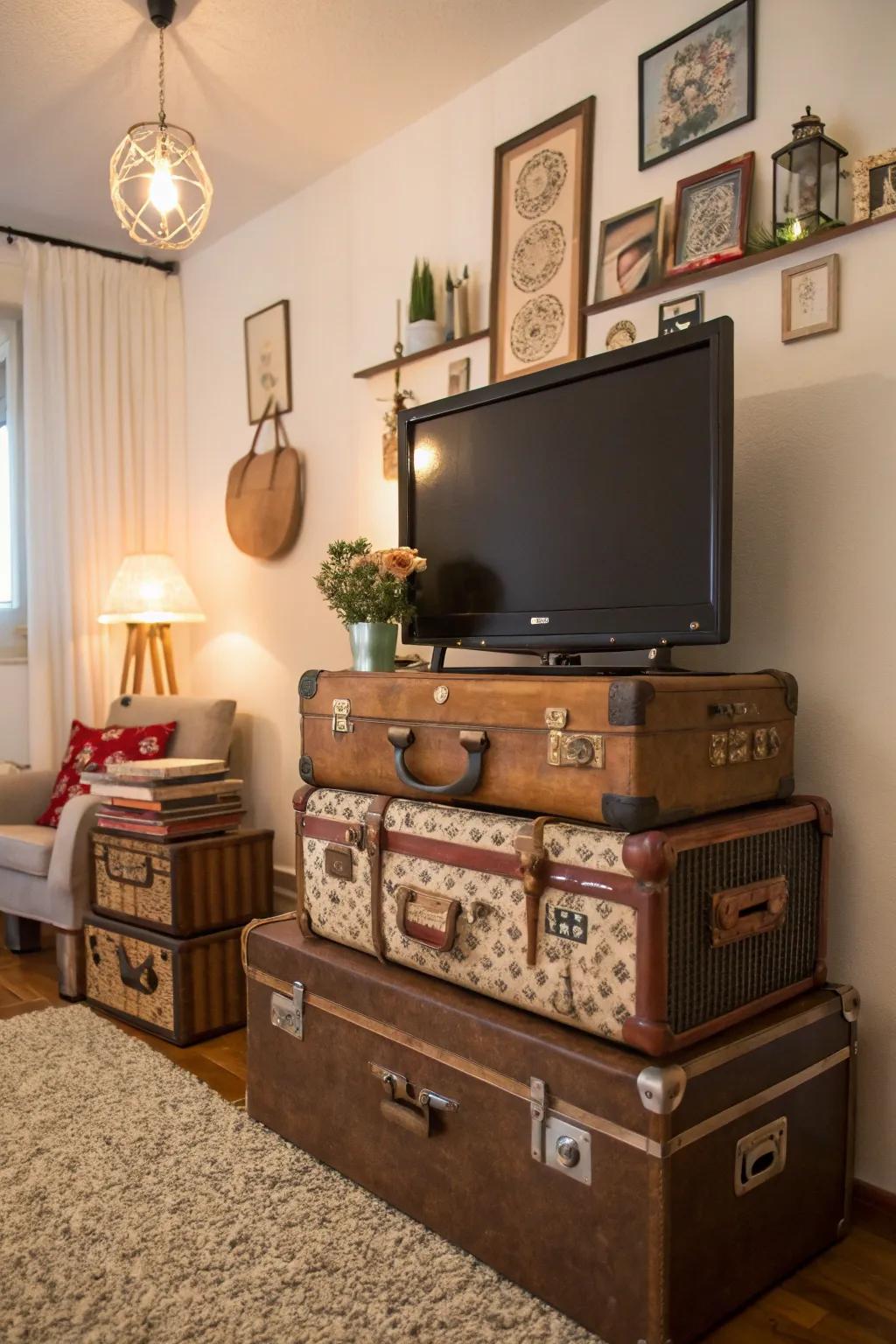 Vintage suitcases add charm and storage.