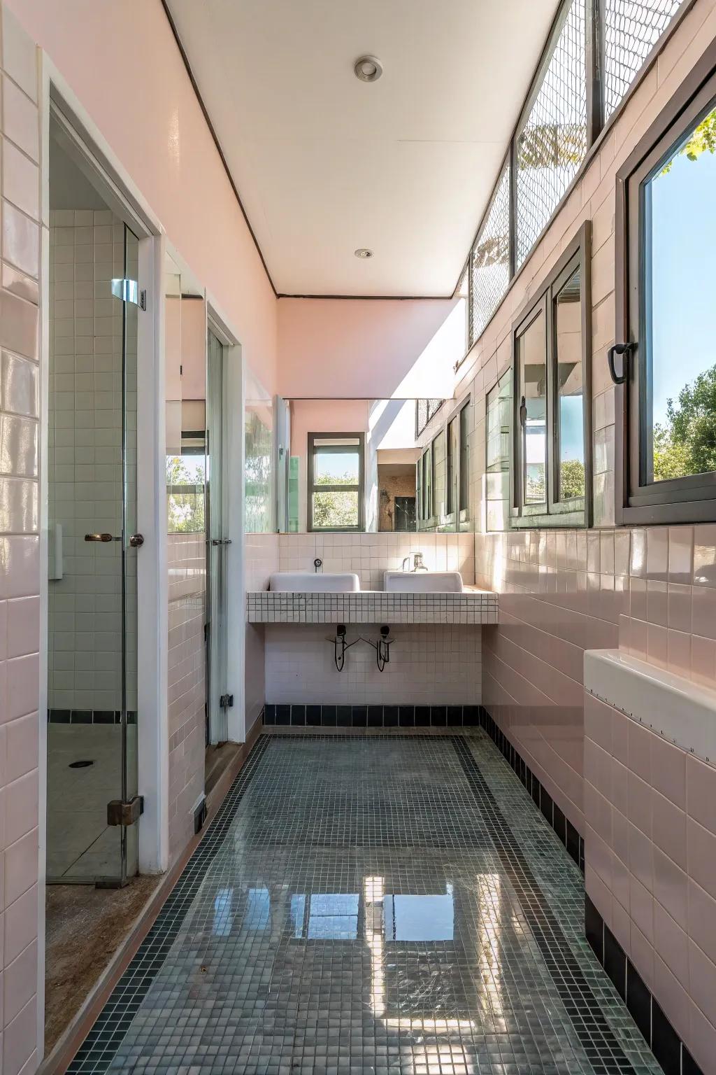 Reflective surfaces broaden the perceived space.