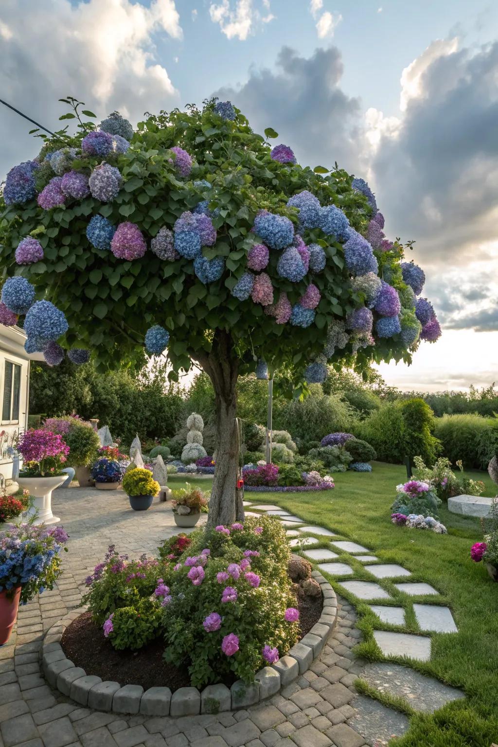 Weeping hydrangea tree offering a whimsical touch with its blooms.