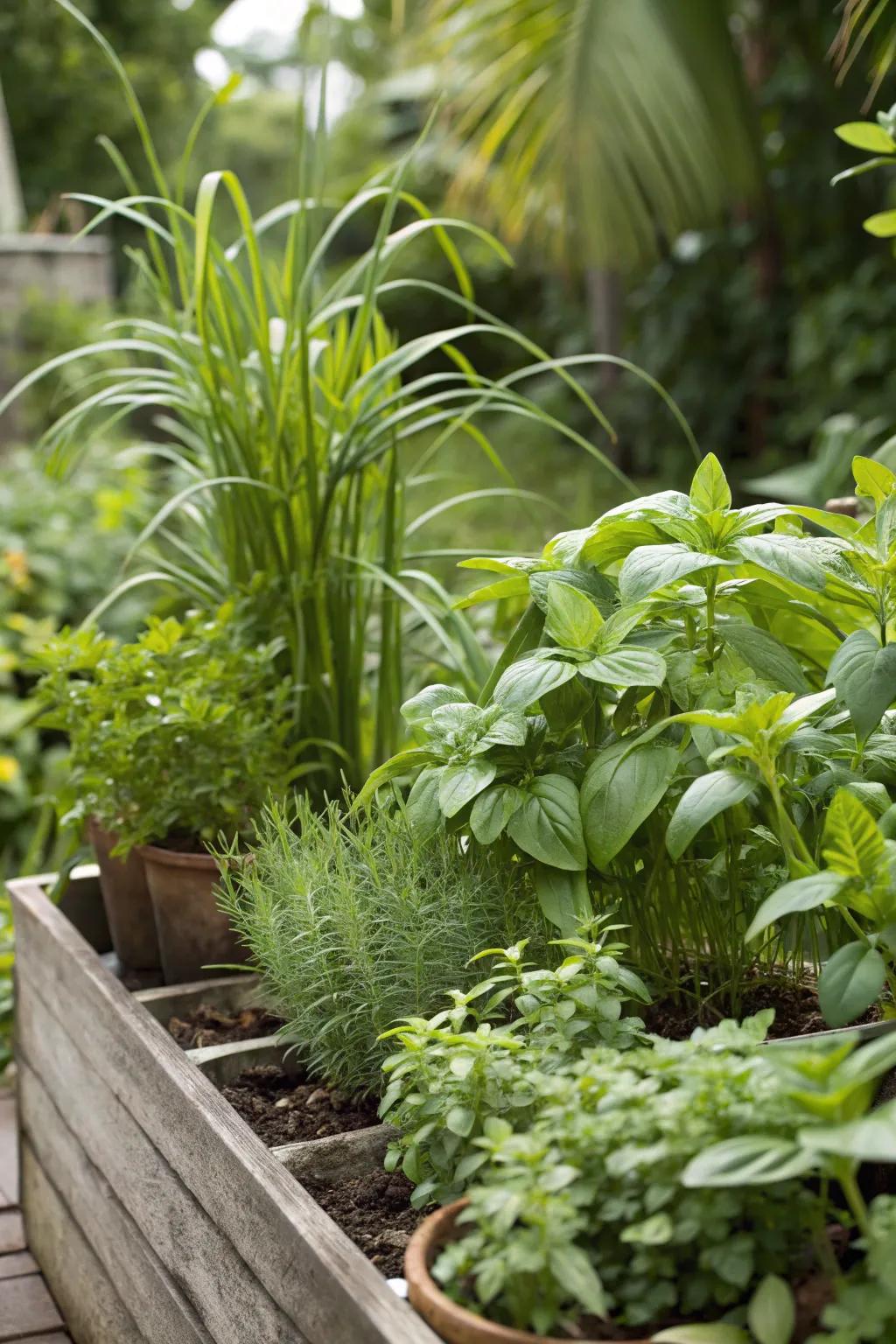 A tropical herb garden is both beautiful and useful.