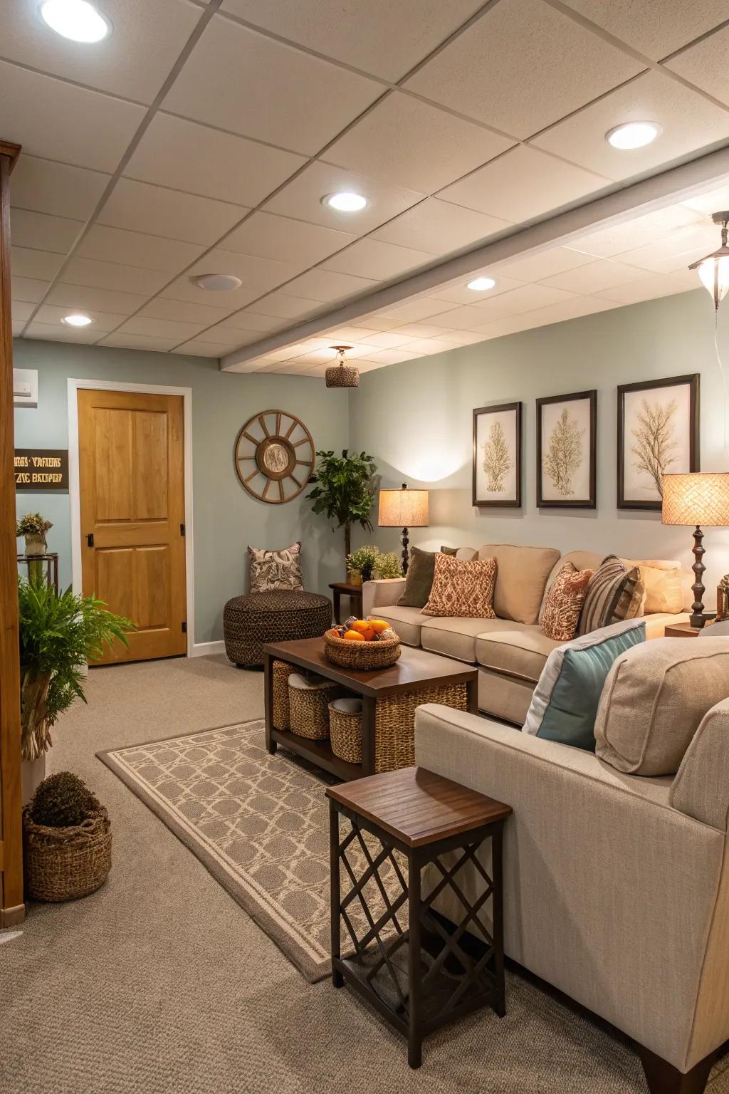 An open concept living area can bring style and function to your basement.