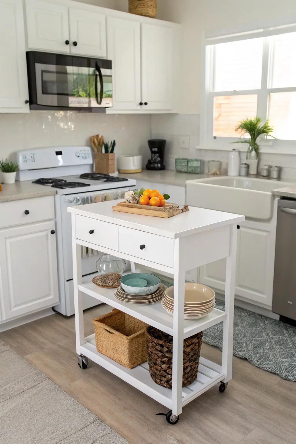 A compact island adds functionality without overcrowding.