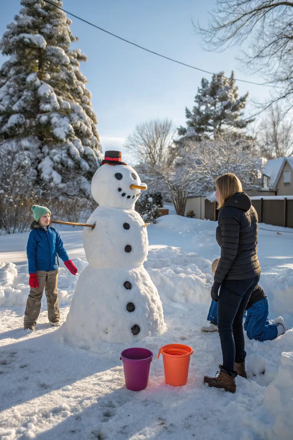 An interactive snowman ready for a fun snowball toss.