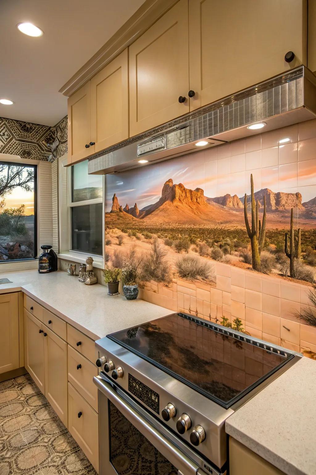 A desert panorama mural transforms your backsplash into a breathtaking focal point.