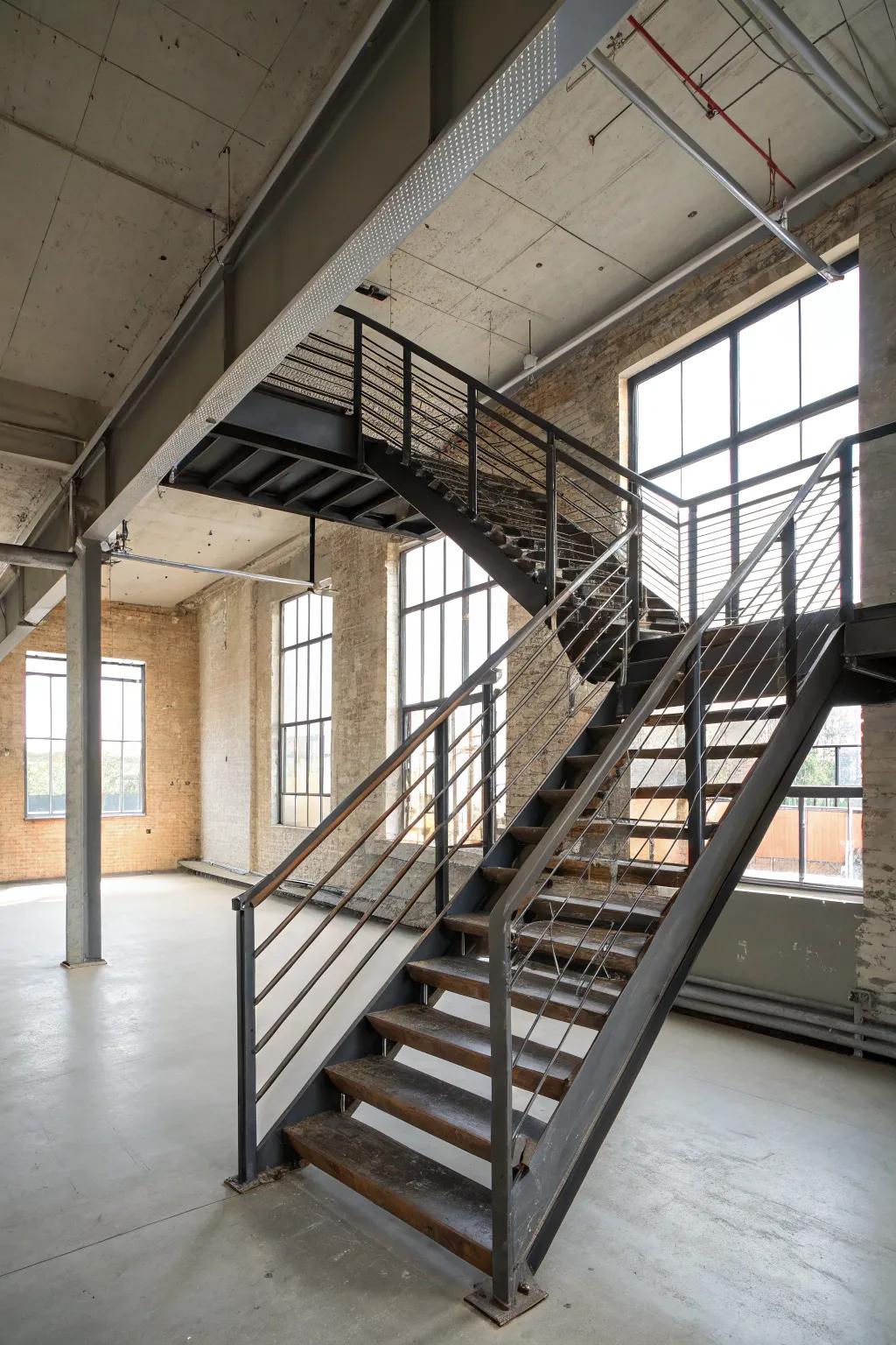 Industrial chic staircase adds an edgy, minimalist vibe.
