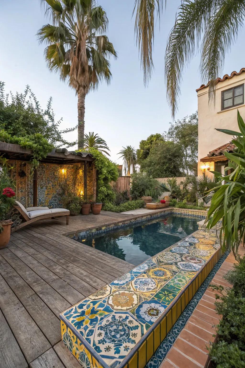Vibrant mosaic squares bring color to this Spanish-inspired pool space.