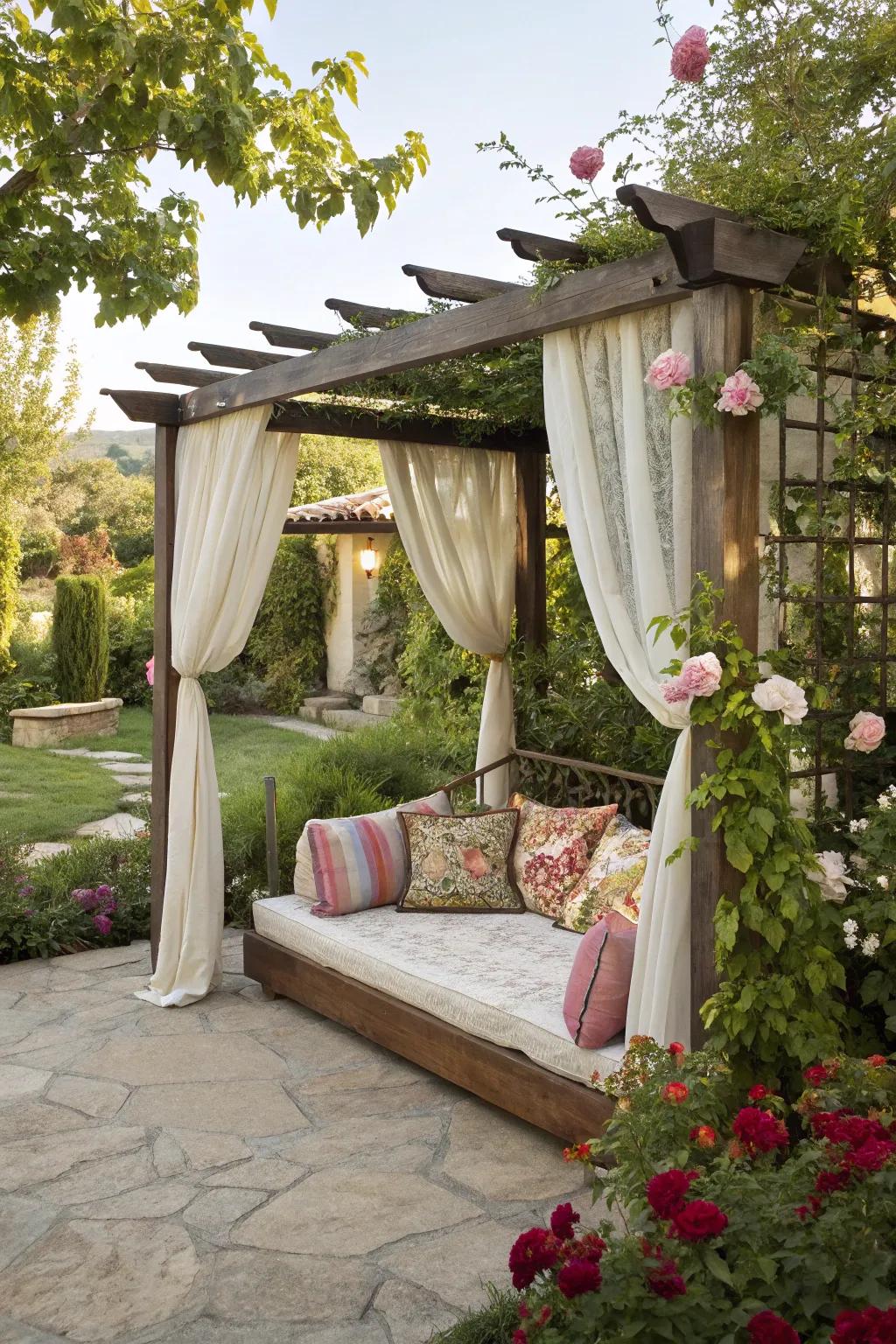 A daybed offers a tranquil retreat beneath the pergola.