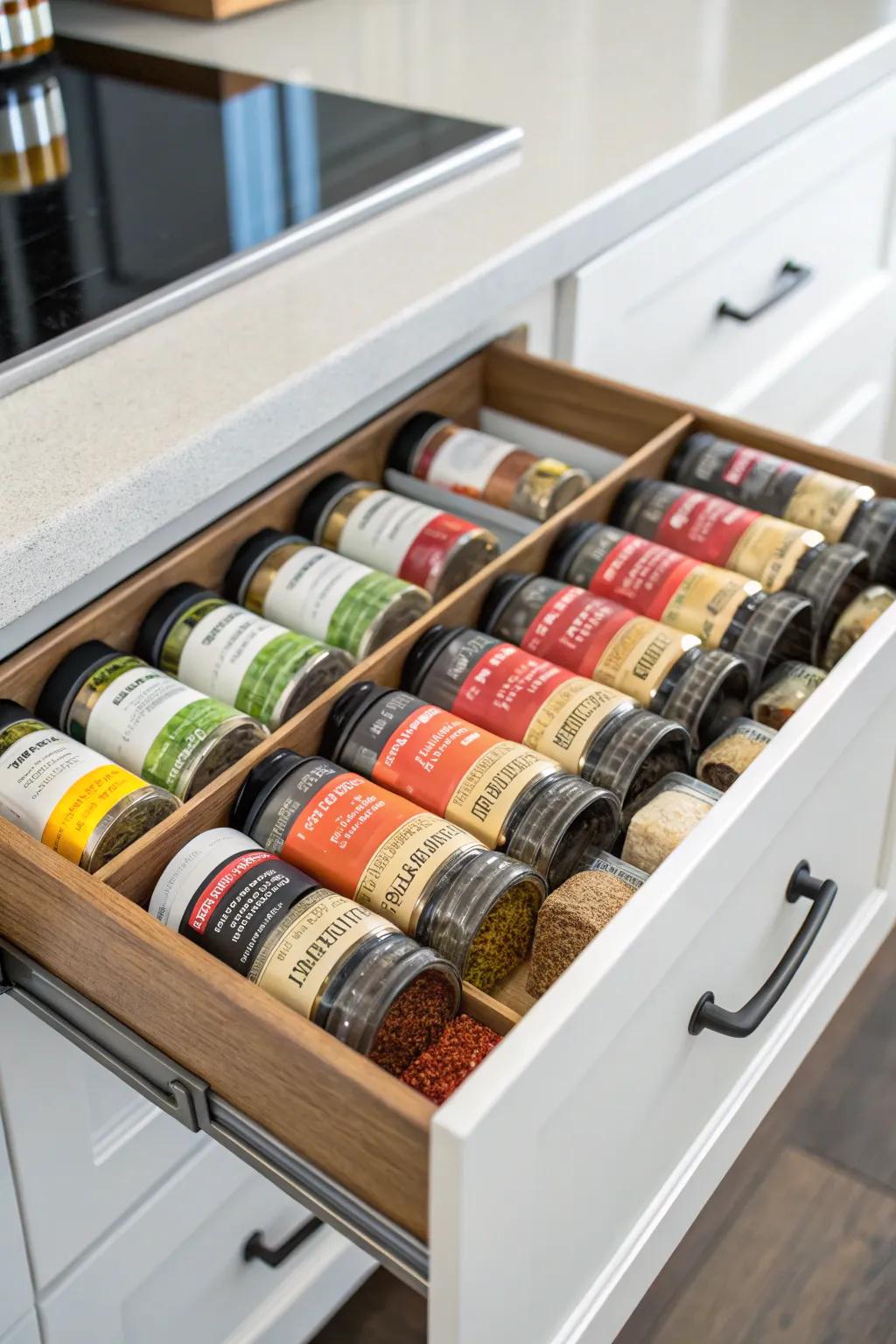 Drawer dividers establish a focused spice zone.