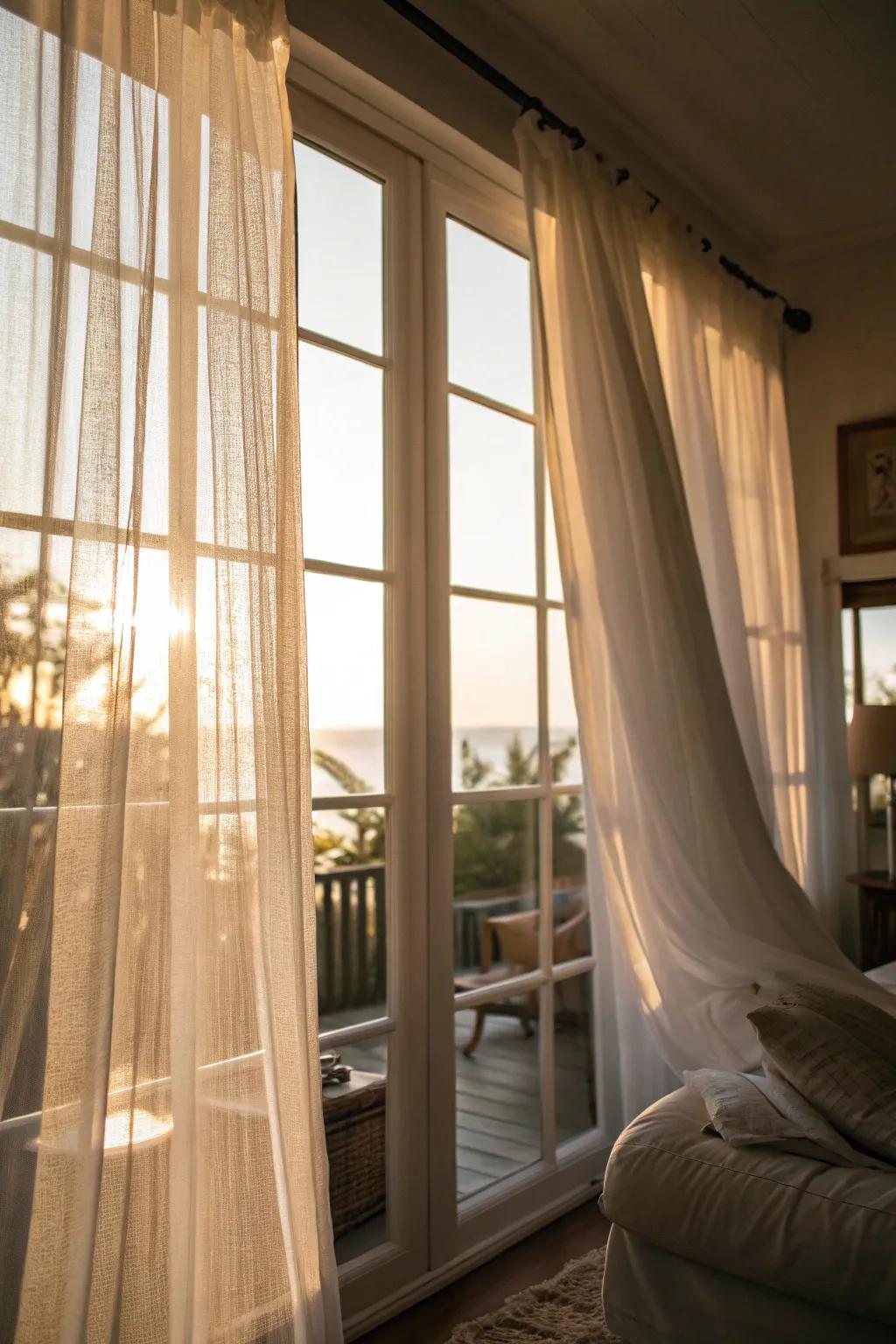 Airy window coverings allow soft sunlight, creating a warm spring ambiance.