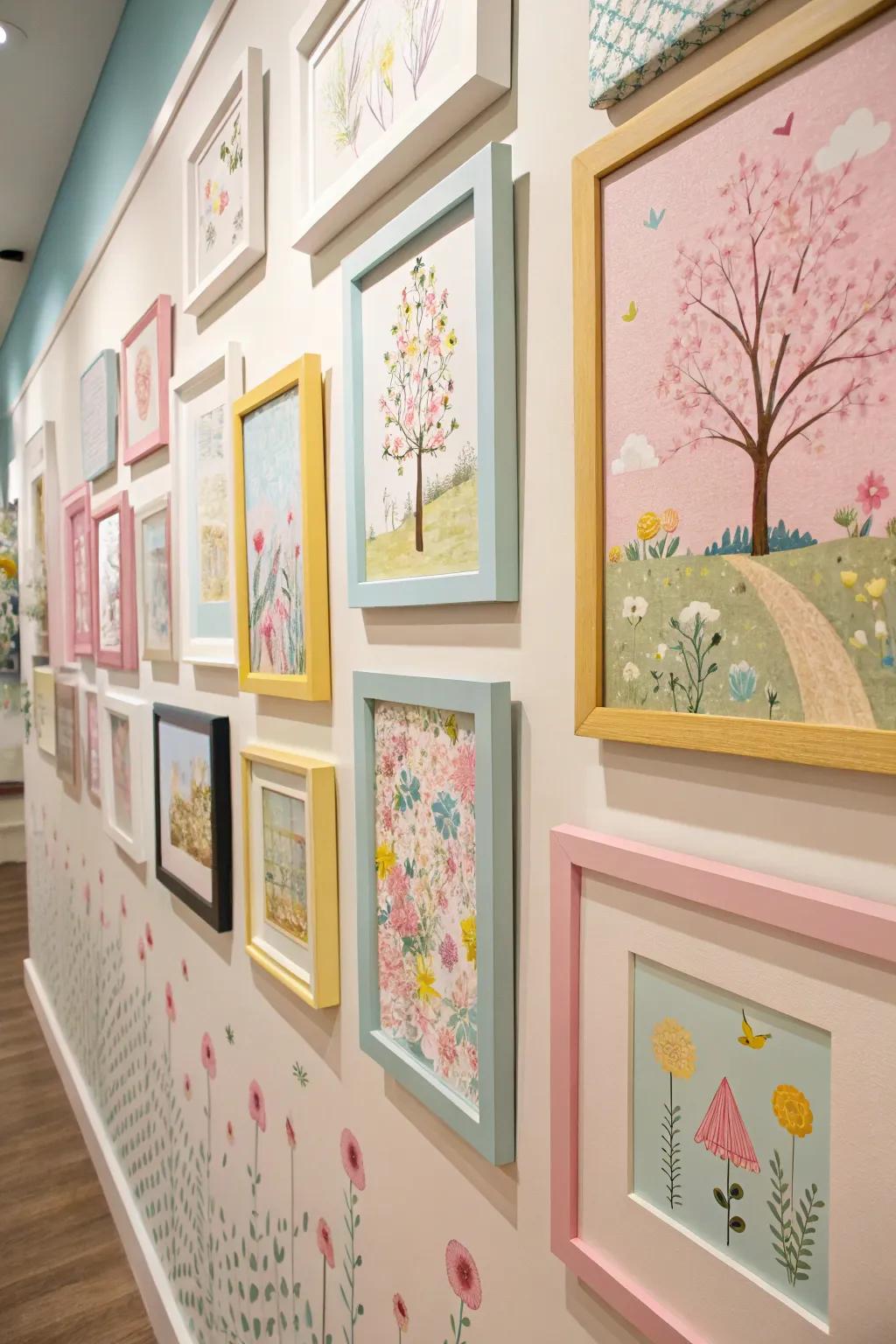 A pastel gallery wall adds a playful and colorful element to your home.