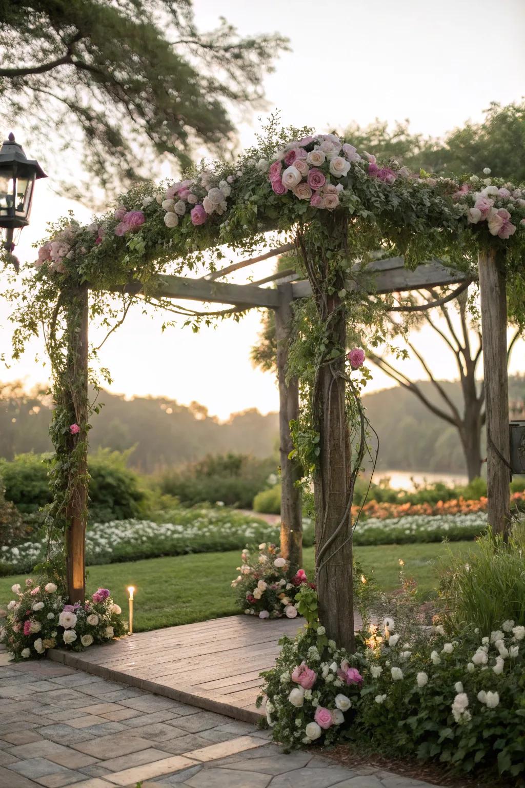 A garden party square arch using lavish greenery.