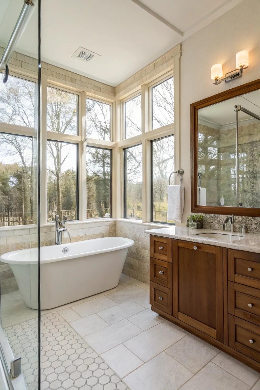 Natural light floods the bathroom, creating a bright and airy atmosphere.