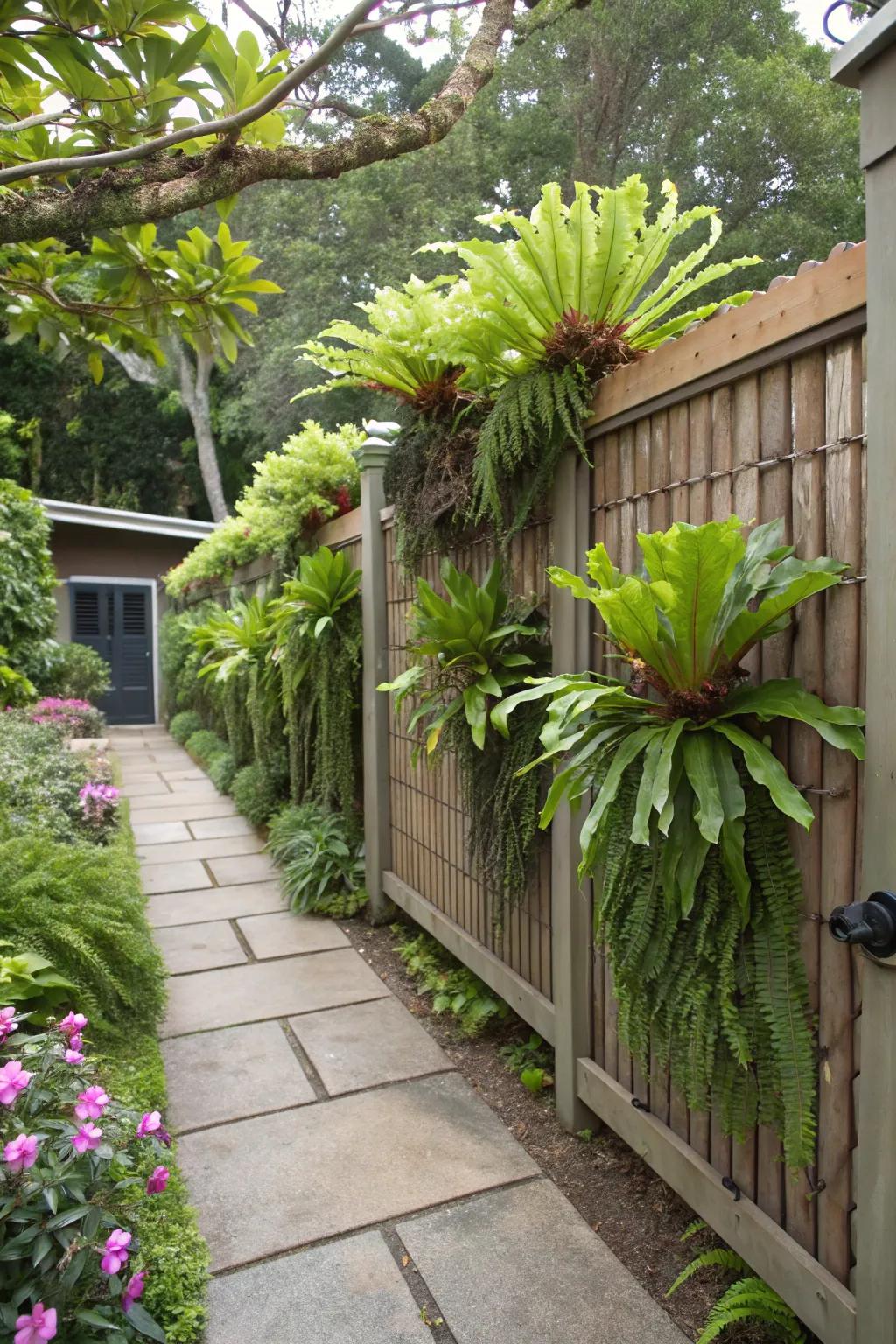 A garden palisade becomes a lush living wall with staghorn ferns.