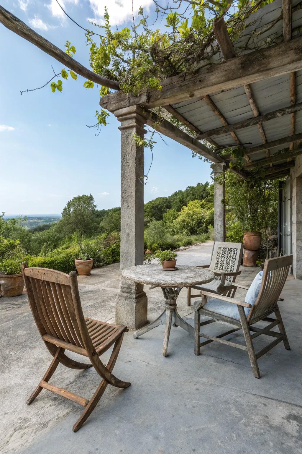 A rustic patio with weathered gray concrete dyes.