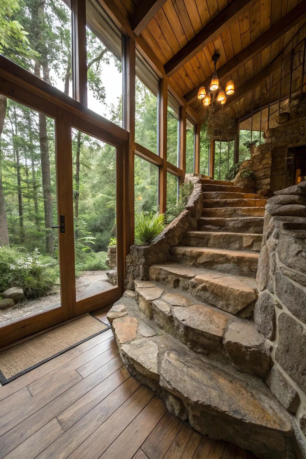 Rustic stone steps attach texture and earthy magnetism to this staircase.