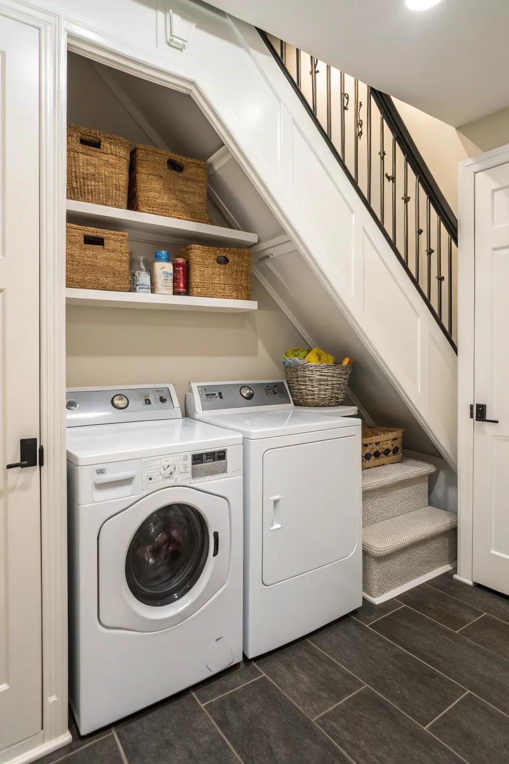 Streamline your chores with a compact washing area beneath the staircase.