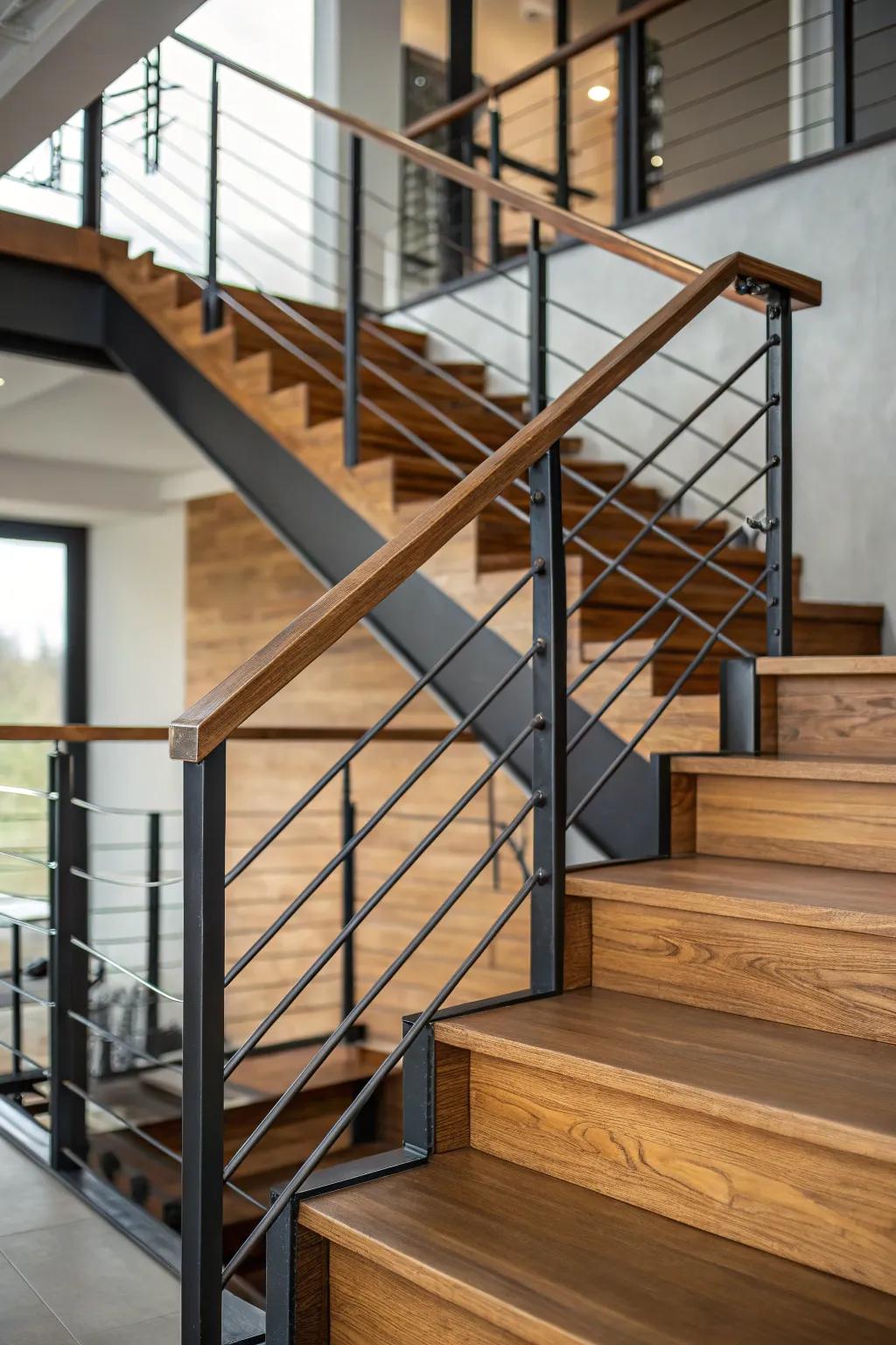 Blend materials to create a modern and textured staircase design.