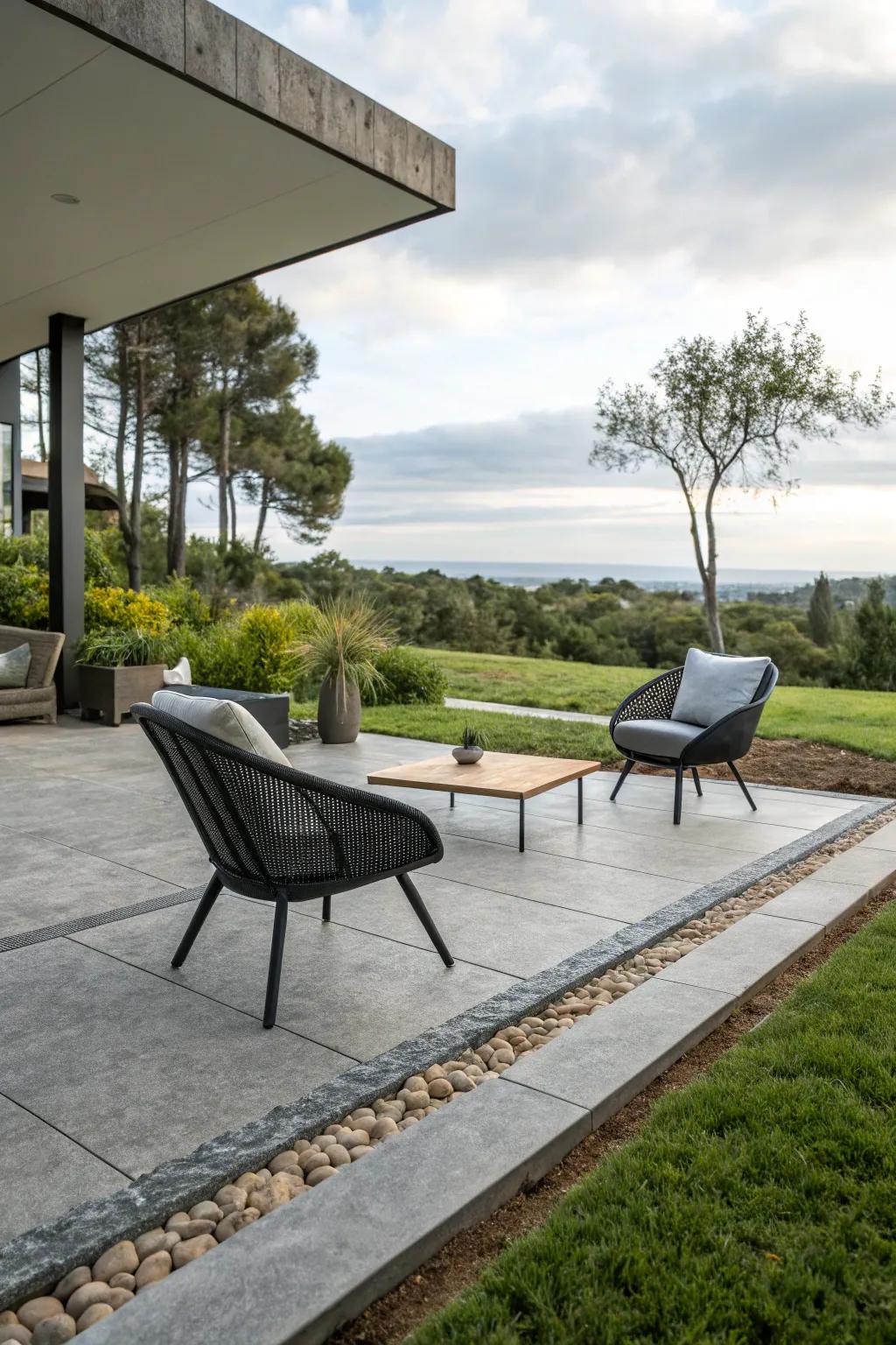 Modern outdoor space featuring a minimalist stamped concrete border