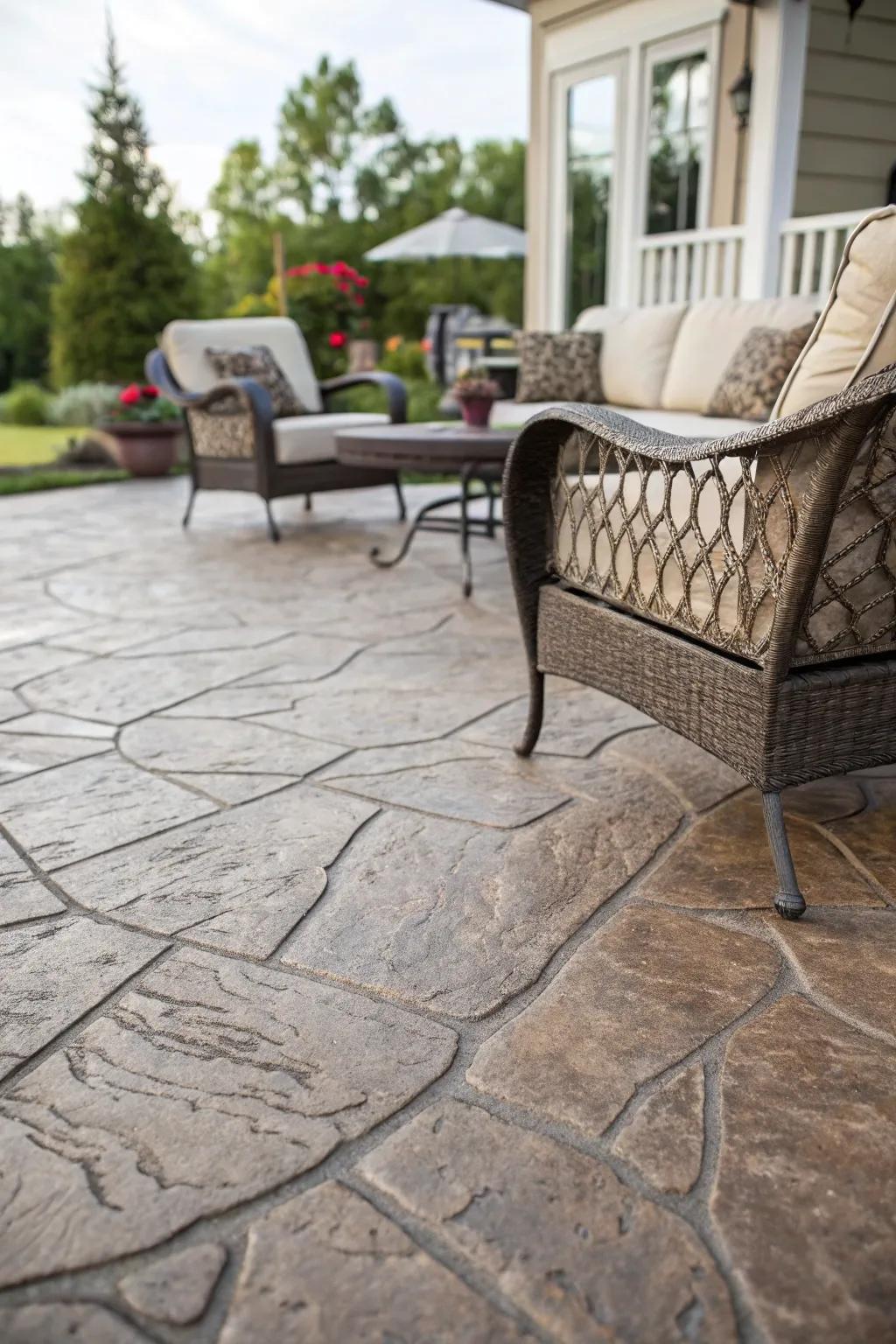 Stamped concrete replicates natural stone for a luxurious effect.