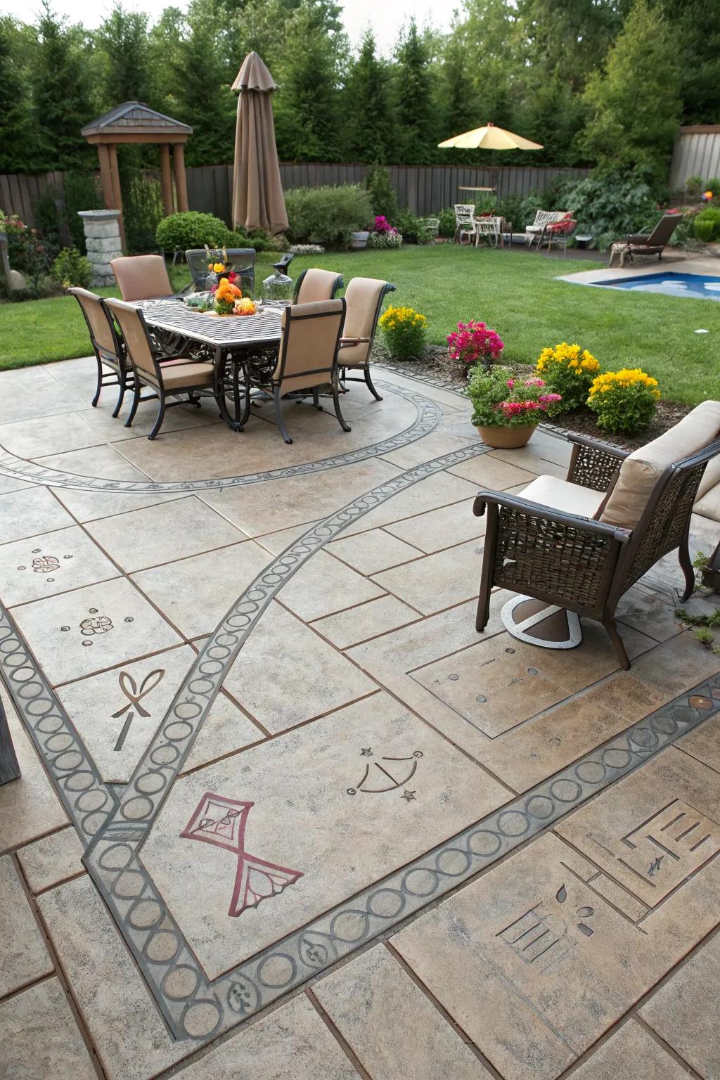 A stamped concrete patio with clearly defined zones.