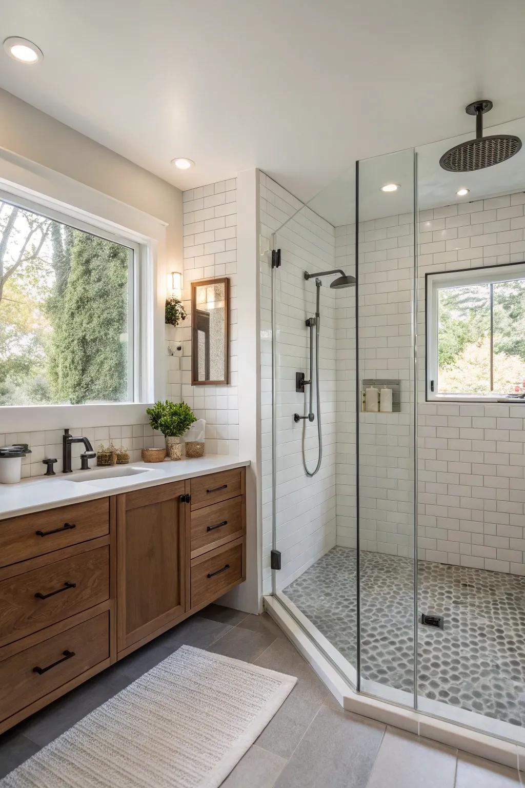 An open shower design creates an uninterrupted flow in the bathroom.