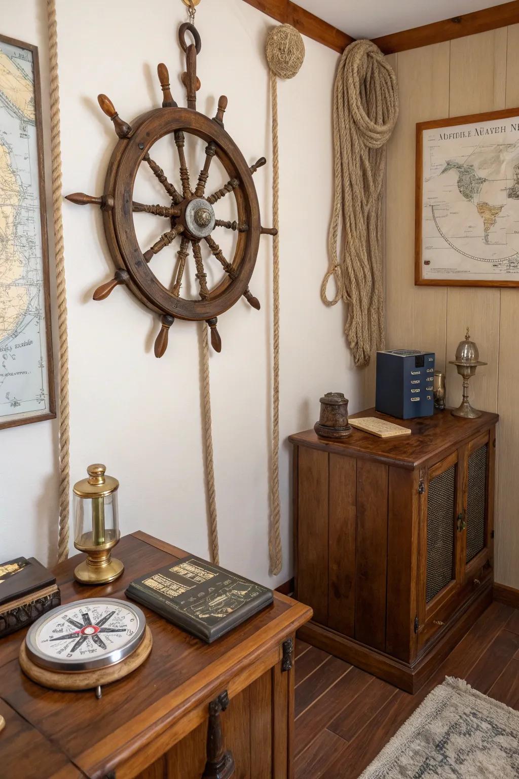 Maritime components add an adventurous spirit to steampunk decor.