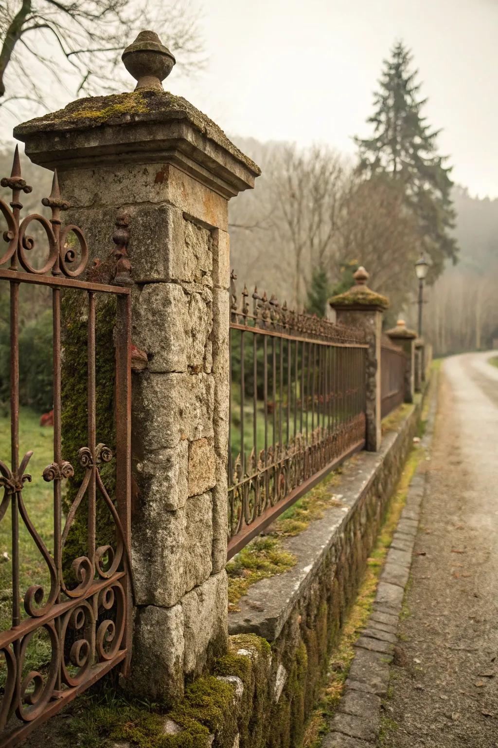 A vintage fence displaying aged iron finishes.