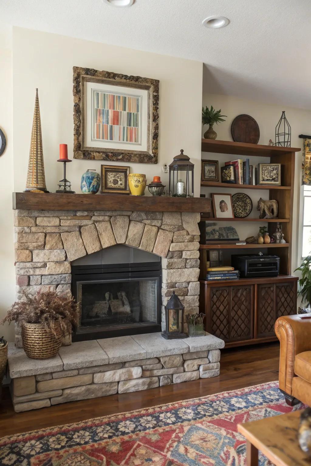 An eclectic space featuring a stone fireplace and a mixed-style mantel display.