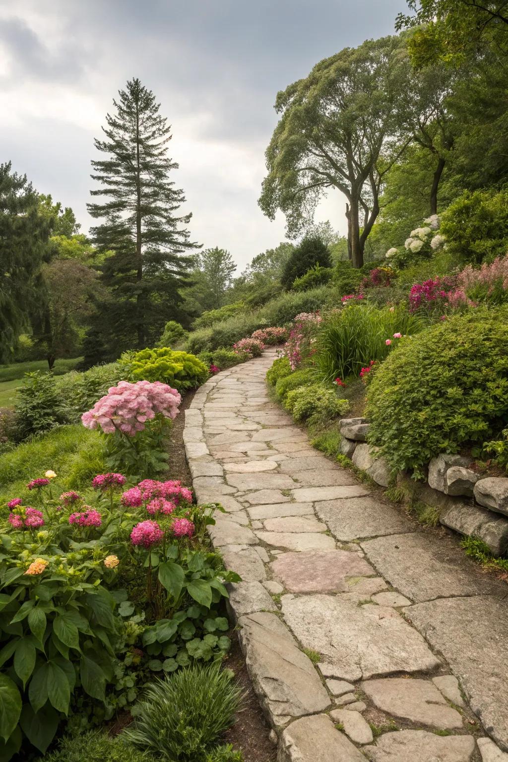 Natural rock fringing elegantly frames your garden trail.