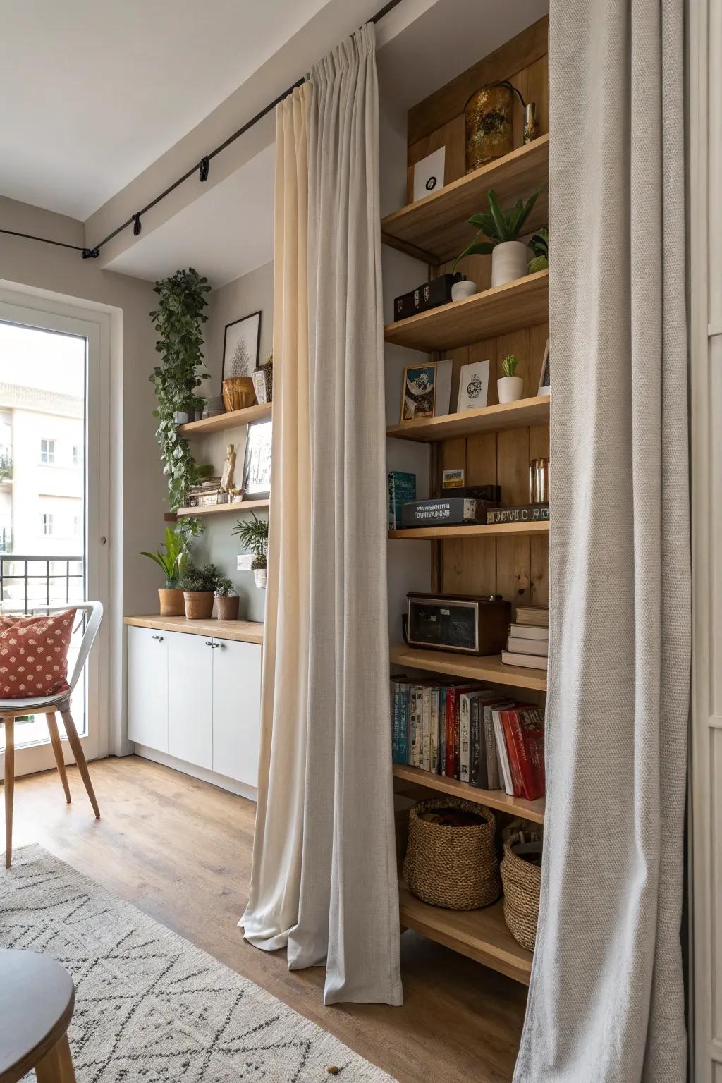 The studio apartment has shelving covered by curtains.