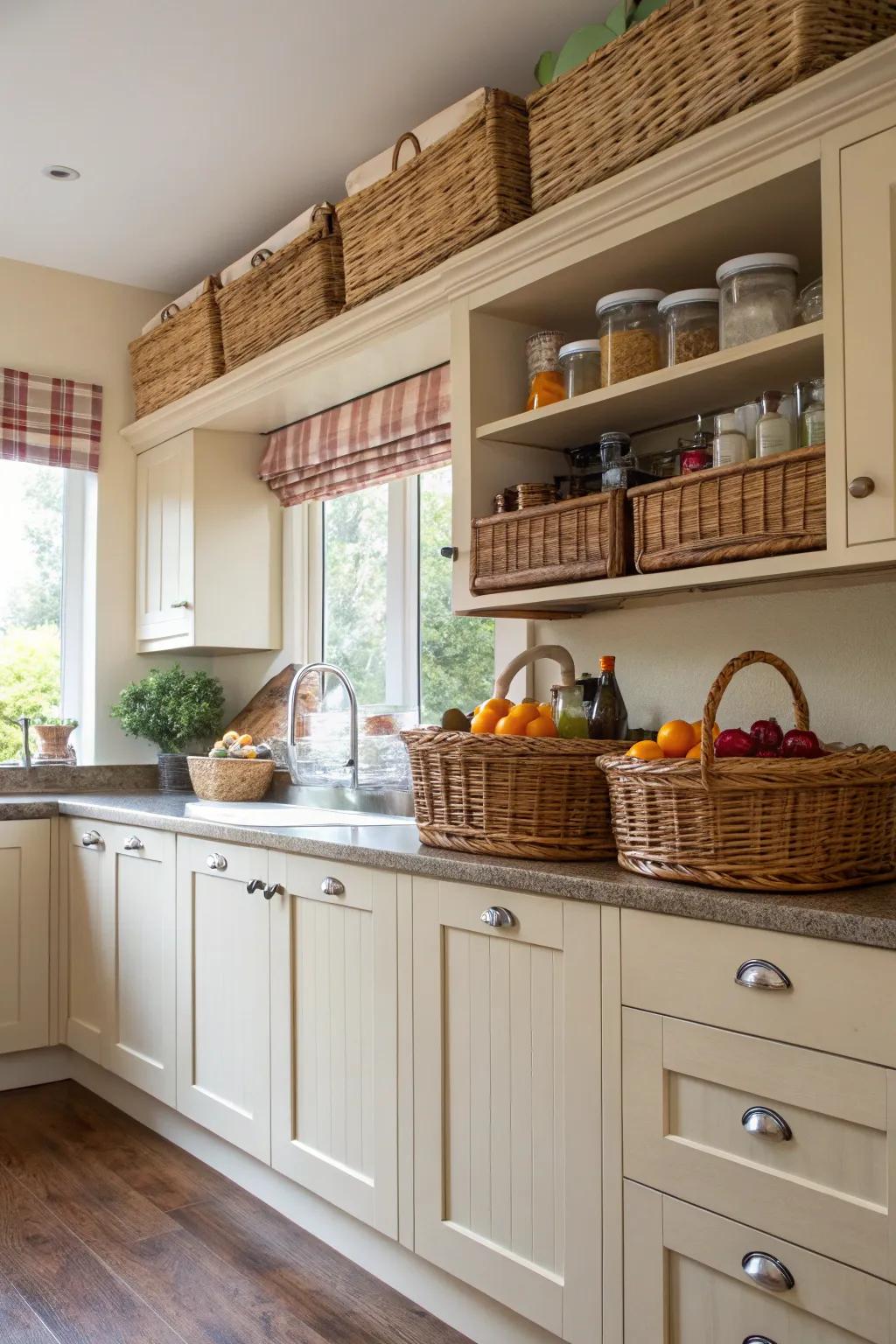 Utilize the space above your cabinets with beautiful baskets.