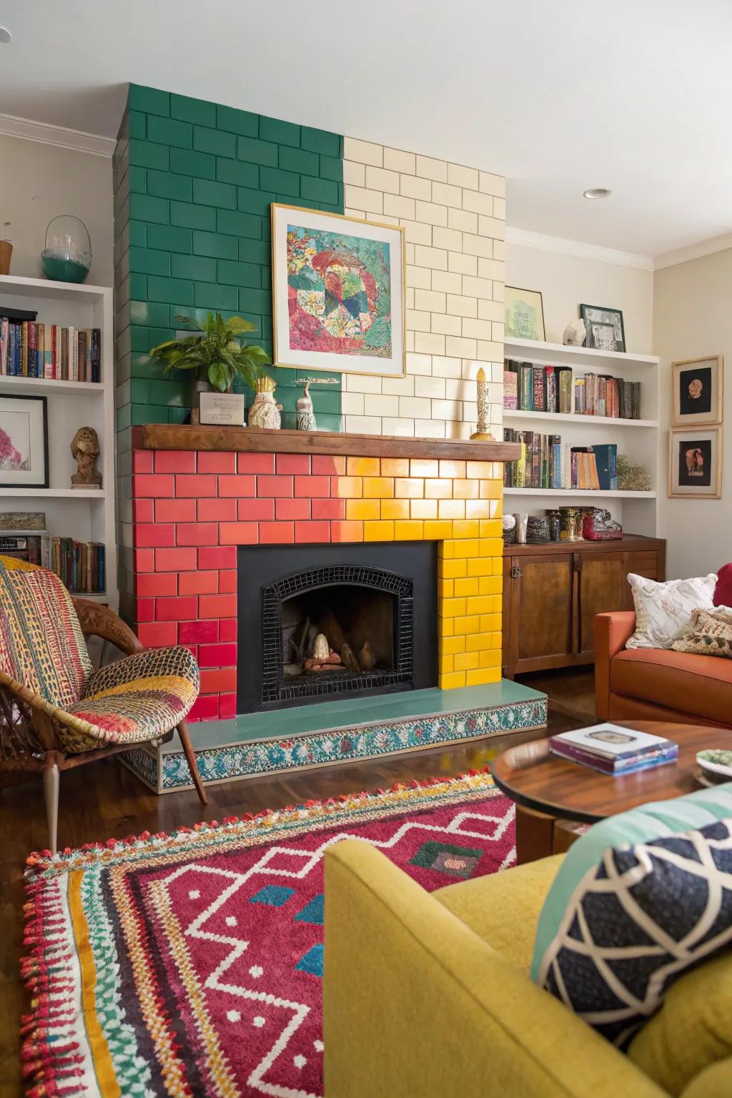 Striking color areas make this rectangular tile fireplace a standout feature.