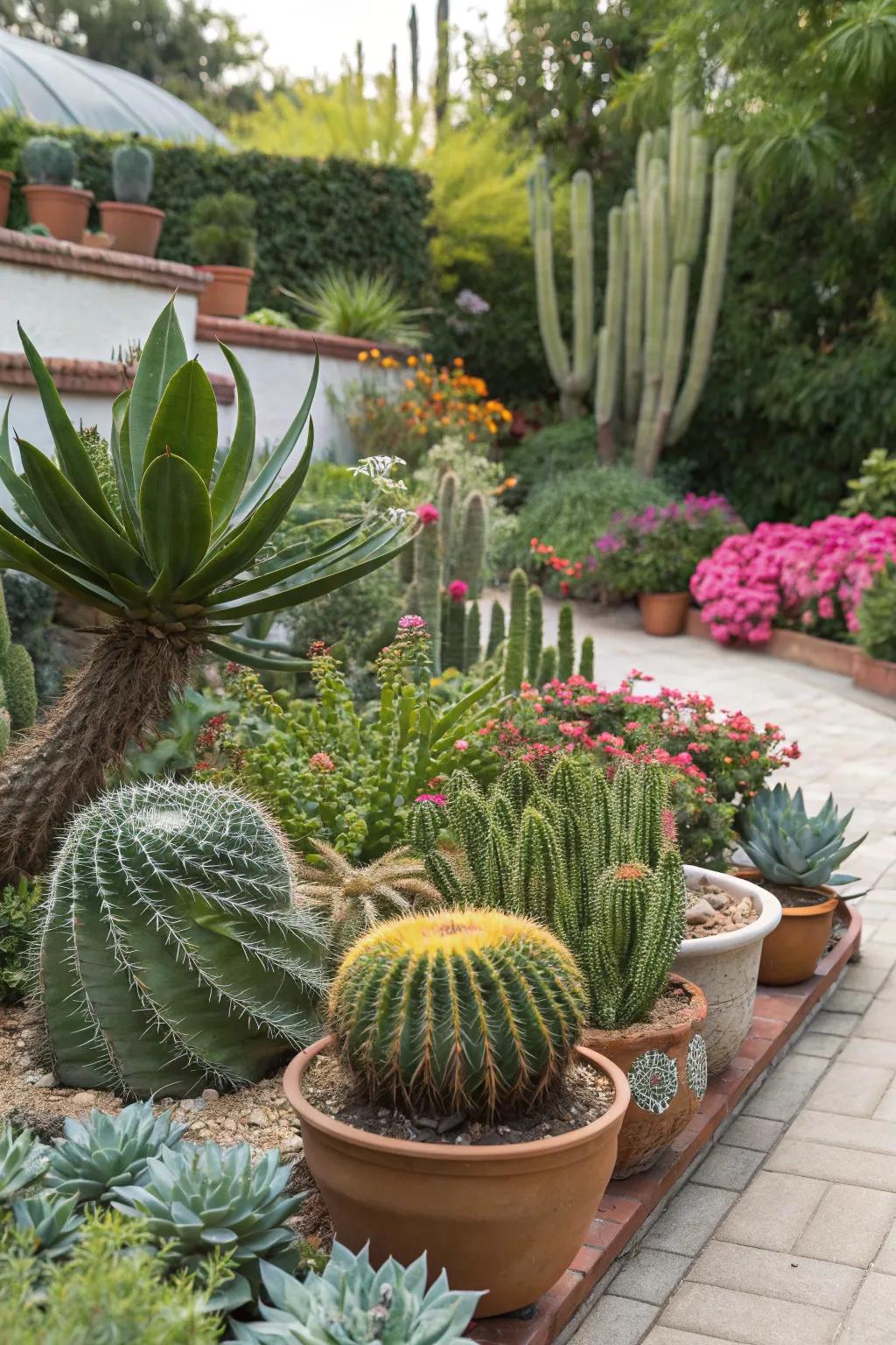 A dynamic garden presenting an assortment of cacti and succulents.