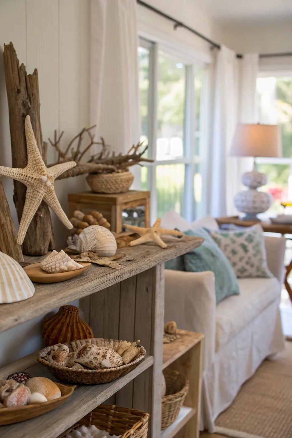 Natural elements like shells and driftwood personalize the decor.