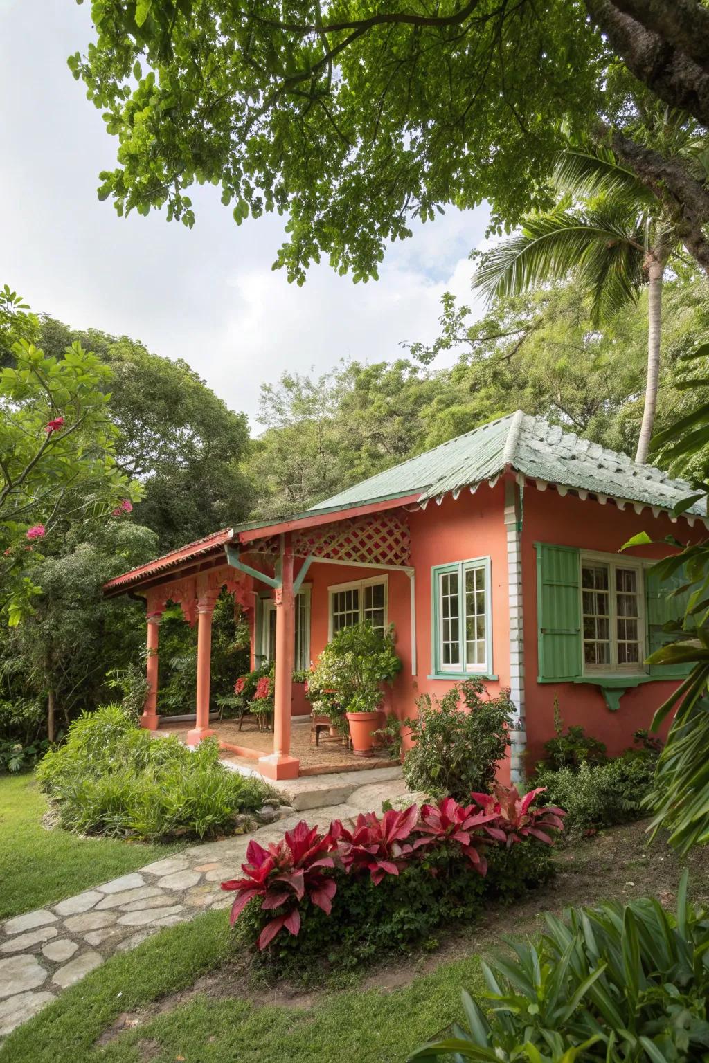 A summer house with a coral burst, adding joy and vibrancy to the yard.