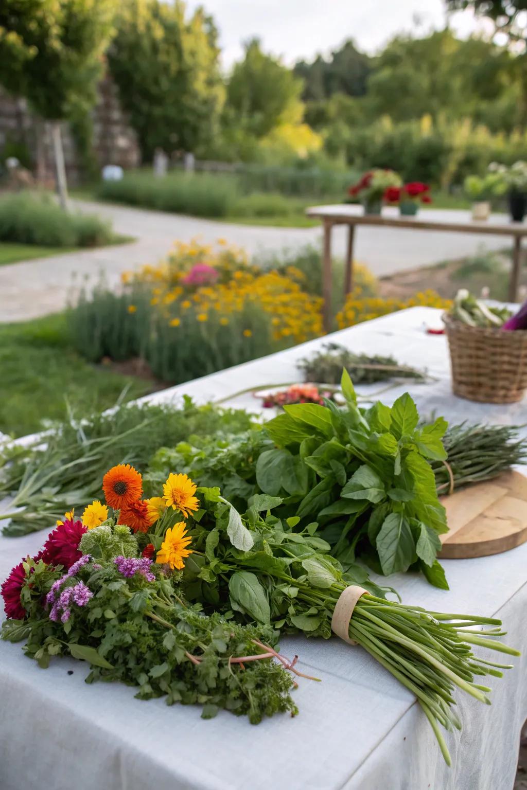 A table display adorned with fresh herbs and garden flowers.