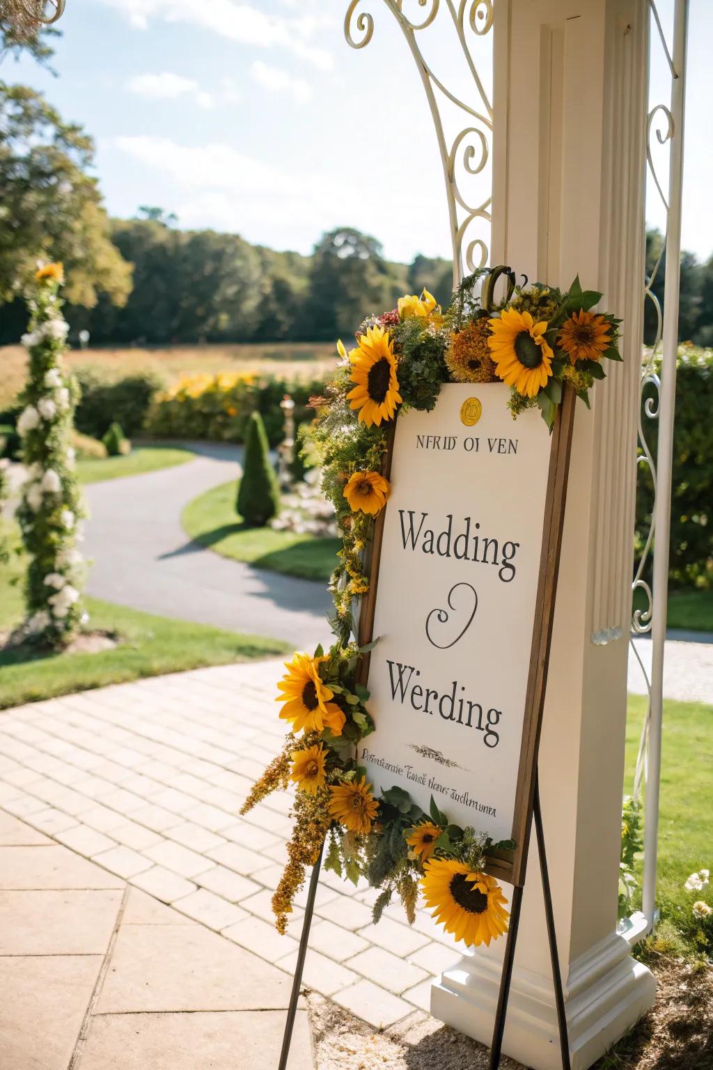 A welcoming wedding sign adorned with daisies.