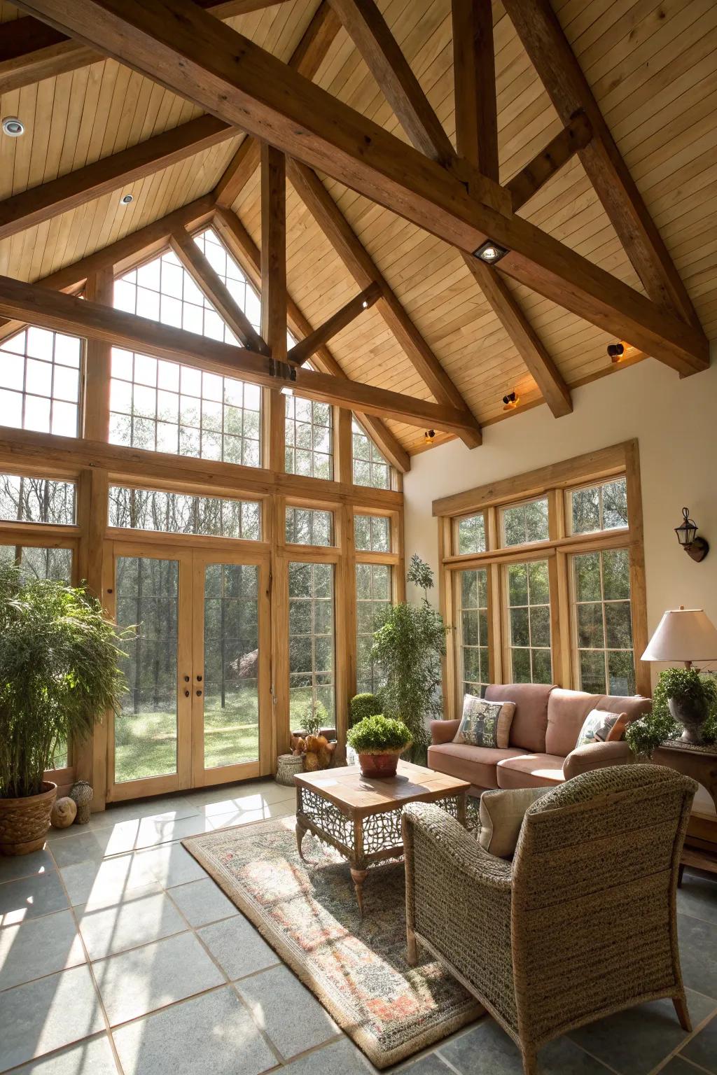 Exposed beams add character to this sunroom ceiling.