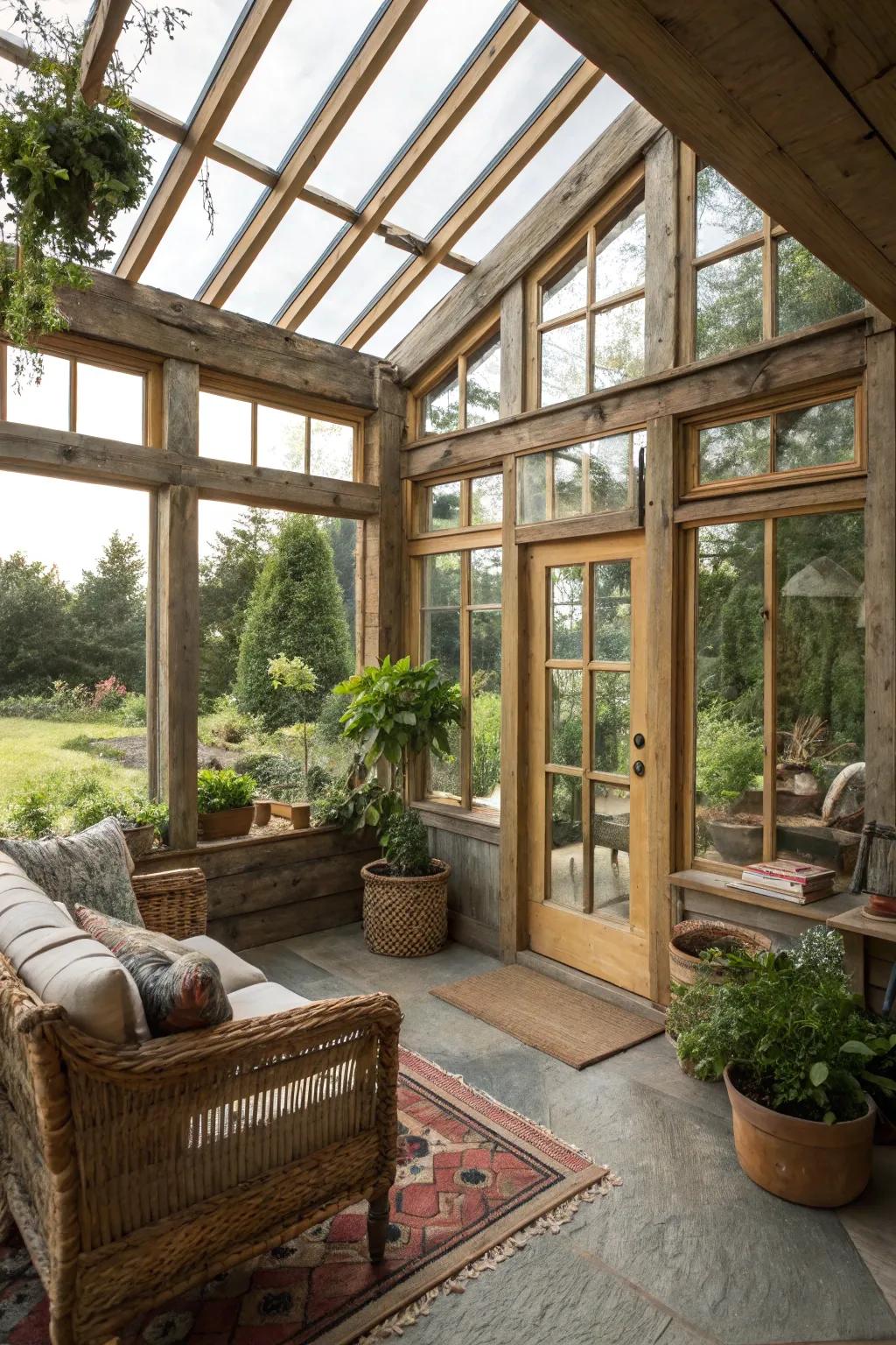 Repurposed finds introduce unique character to sunroom windows.