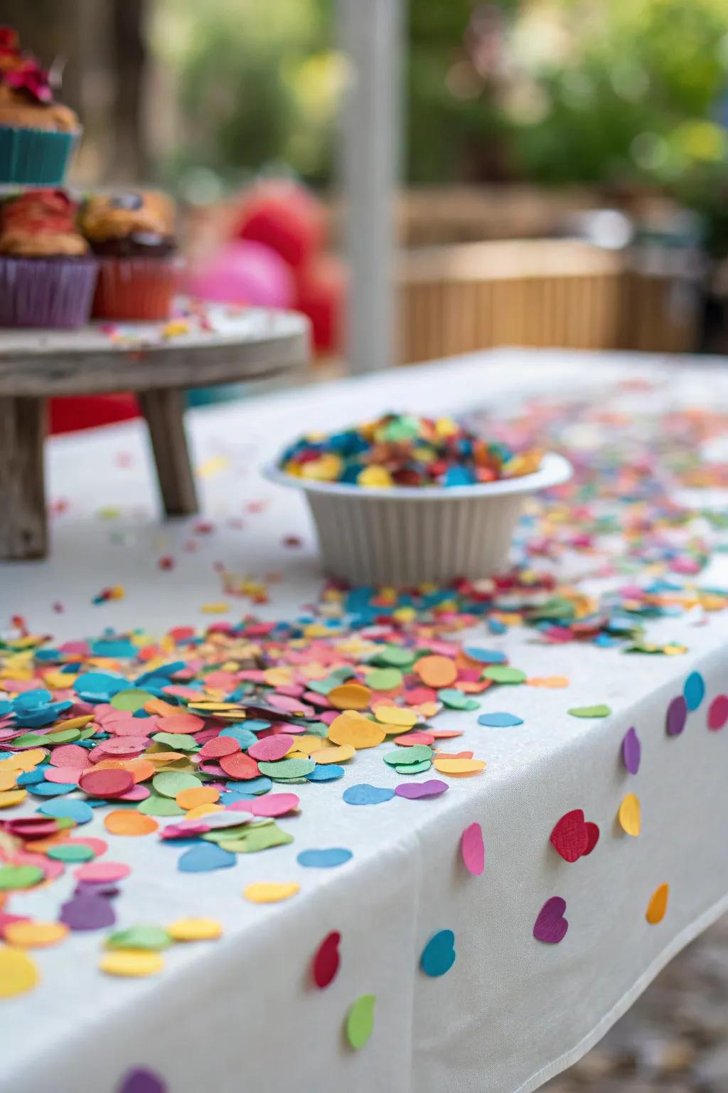 Colorful confetti adds a festive touch to the table settings.
