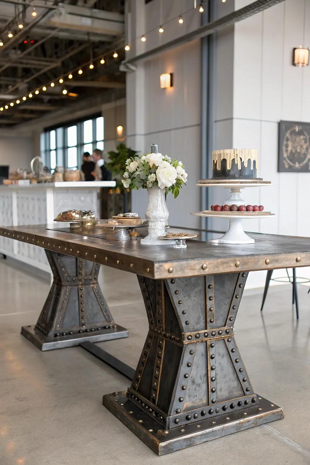 An industrial chic sweetheart table showcasing exposed metals and sleek surfaces.