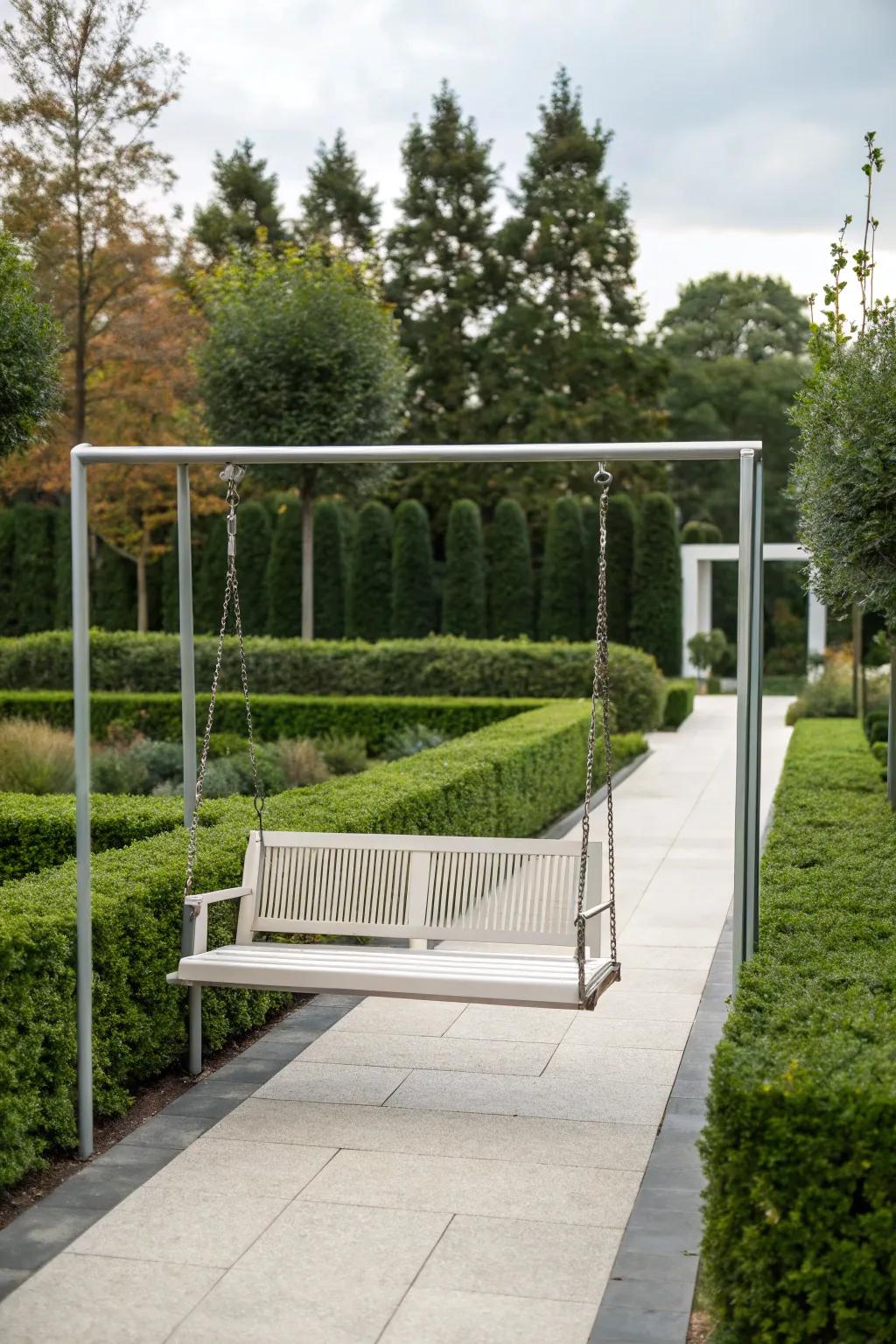 A minimalist metallic structure swing introduces contemporary elegance.