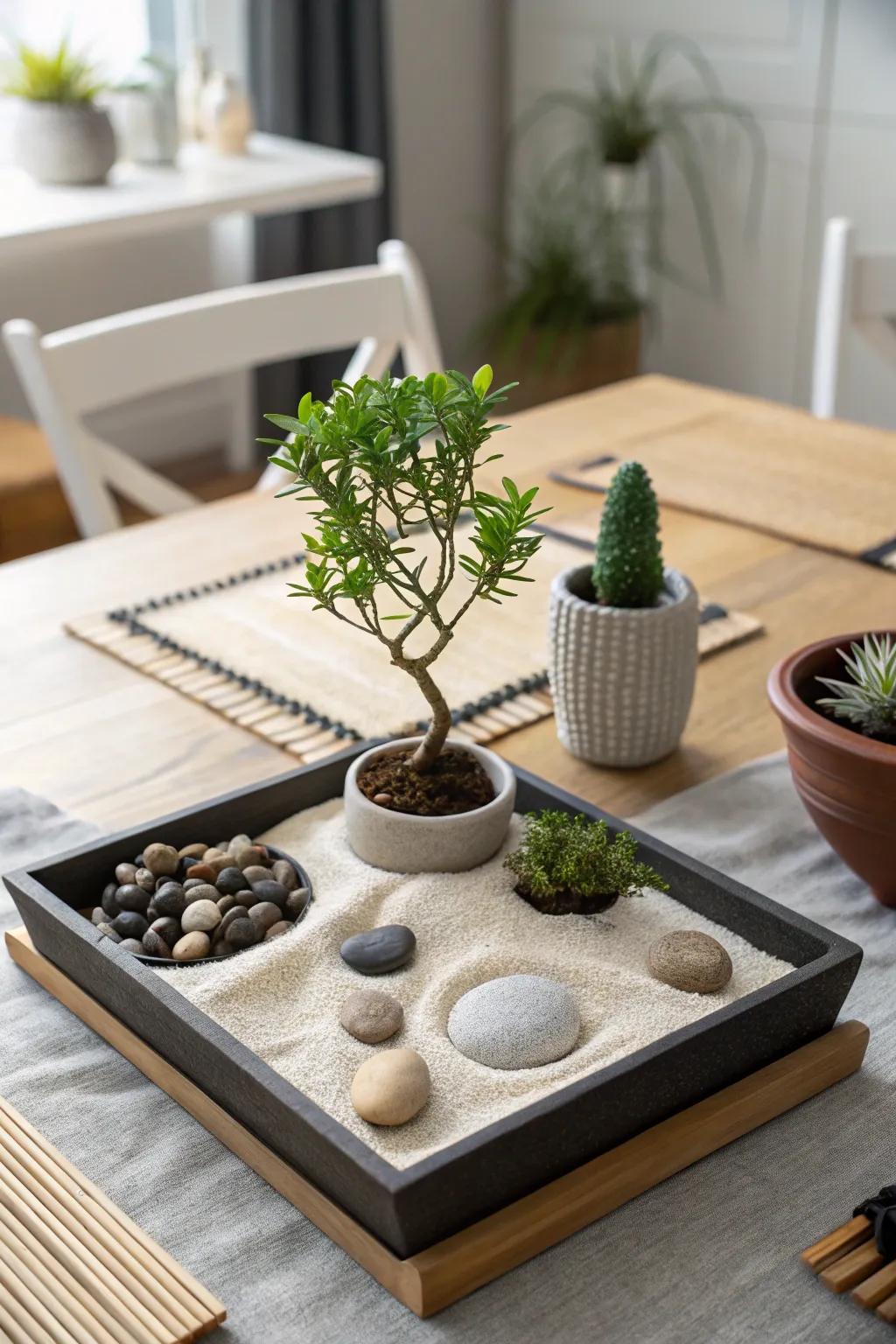 A calming centerpiece embodying tranquil rock garden vibes.