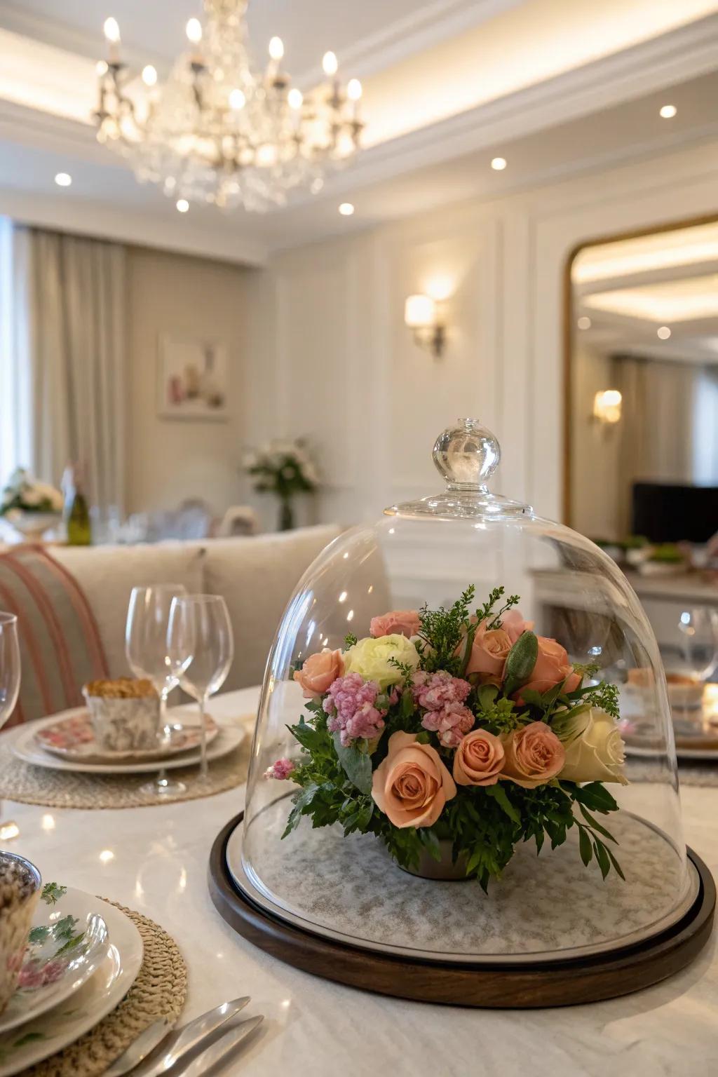 A floral arrangement under a glass dome for a touch of elegance.
