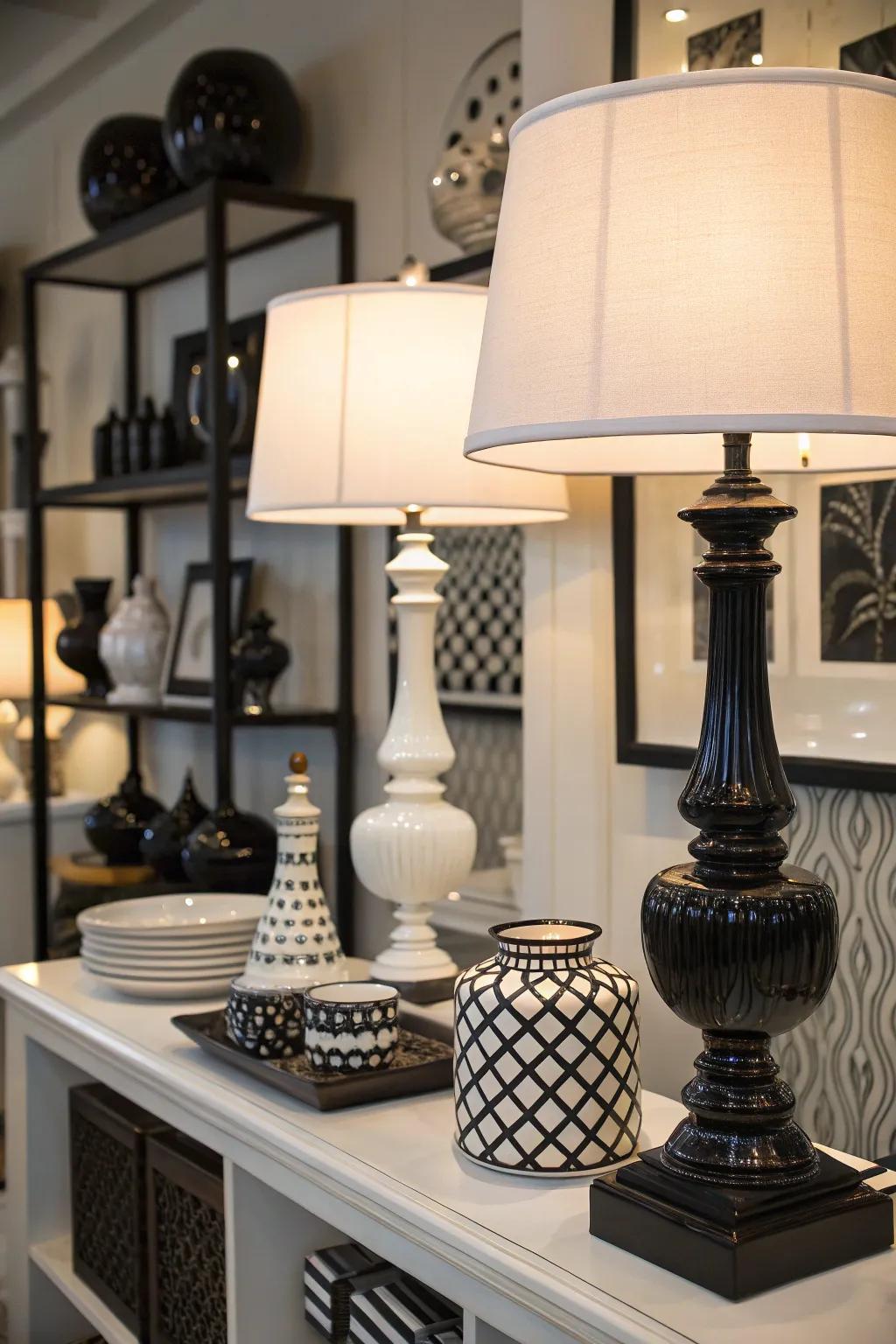 Black and white table lamps enhance the refinement of a monochrome room.