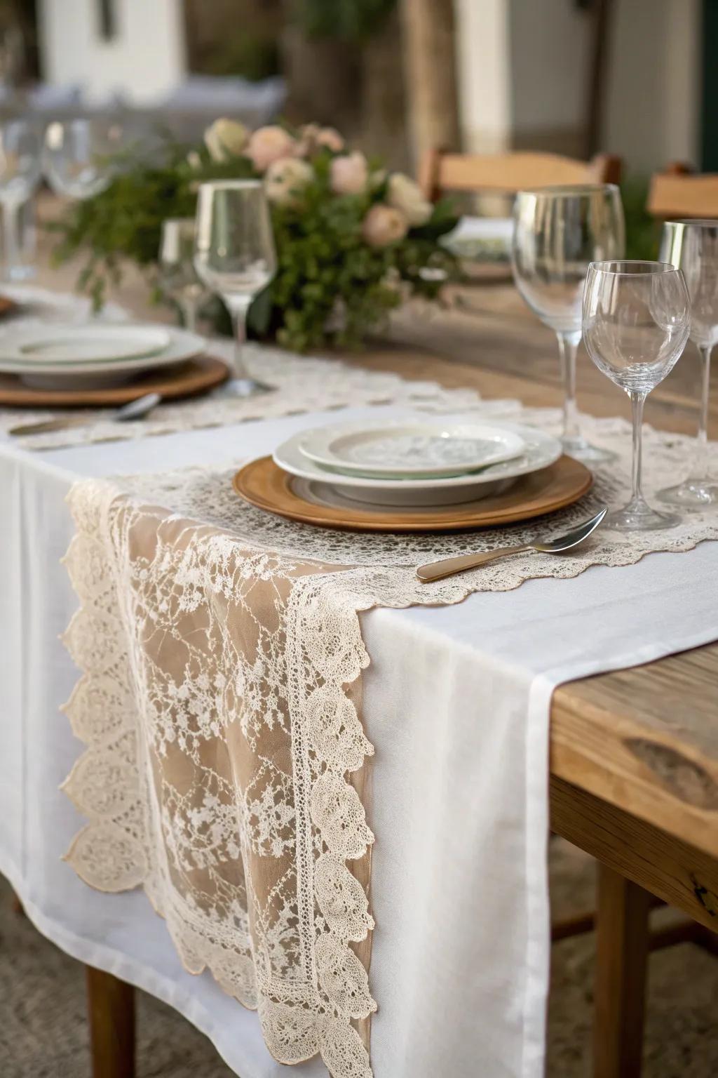 A lace table runner for a romantic and elegant dining setting.