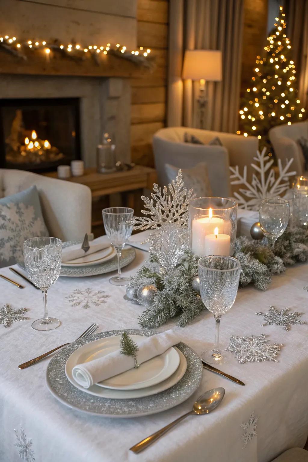 A winter-themed table arrangement featuring icy accents.