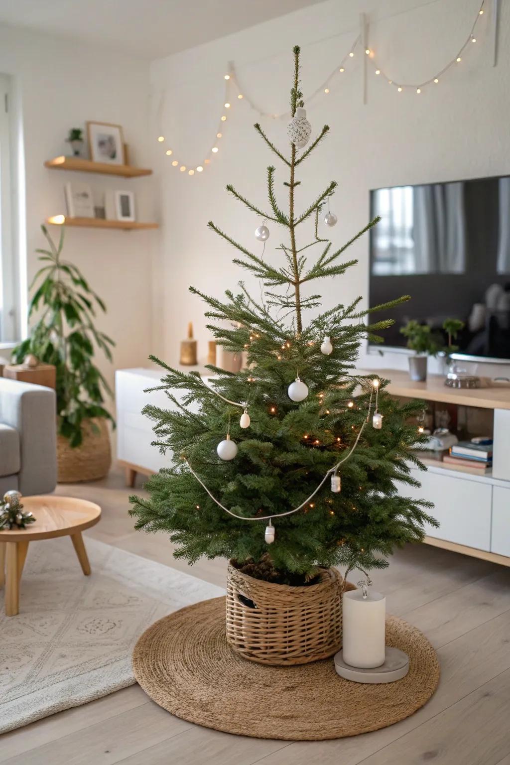 This serene Scandinavian-themed tabletop Christmas tree exudes calm.