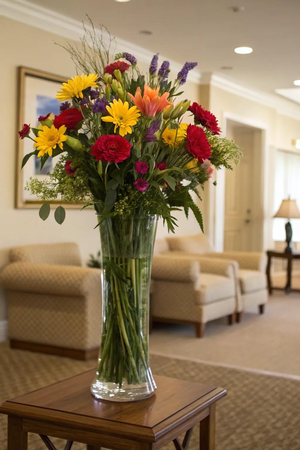 A tall glass vase showcasing a vibrant bouquet of blooms, making a bold statement inside a balanced space.