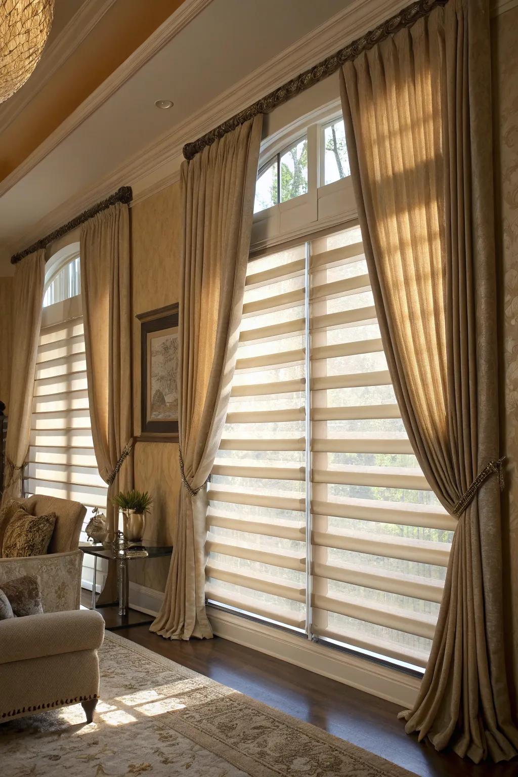 Layered window coverings introduce luxury and functionality to the beige bedroom.